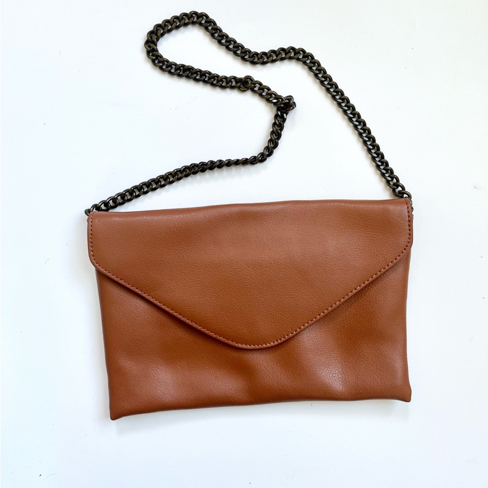 J. Crew Invitation Clutch Cognac Brown Leather Envelope Purse Chain Strap